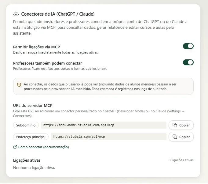 Seção Conectores de IA do Studeia com os interruptores ligados e as URLs do servidor MCP