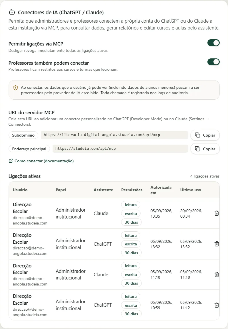 Active connections table with ChatGPT and Claude connections