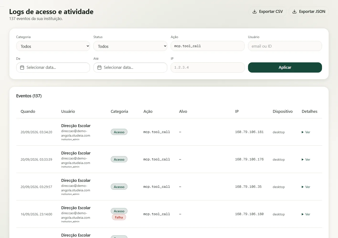 Página de logs da instituição filtrada por ações mcp mostrando consentimento, token e chamadas de ferramenta