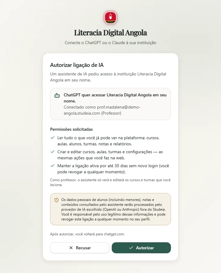 Studeia consent screen with ChatGPT requesting access on behalf of a teacher