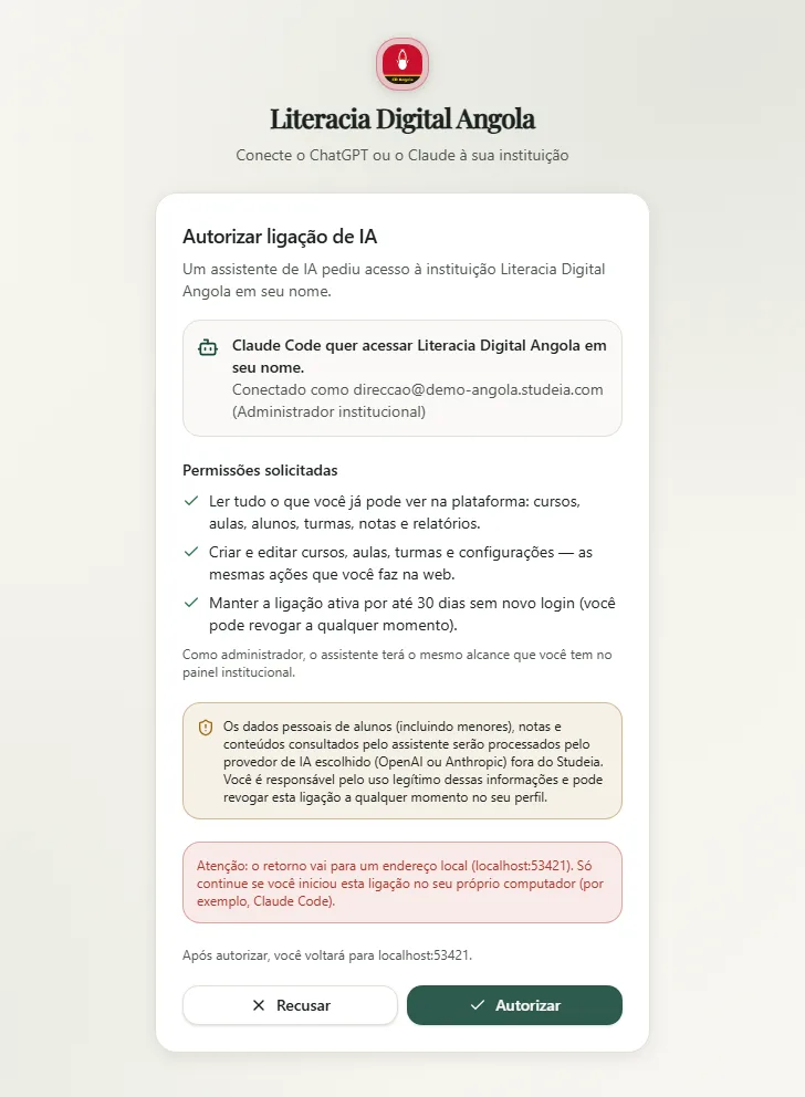 Tela de consentimento do Studeia com o aviso de que o retorno vai para um endereço local