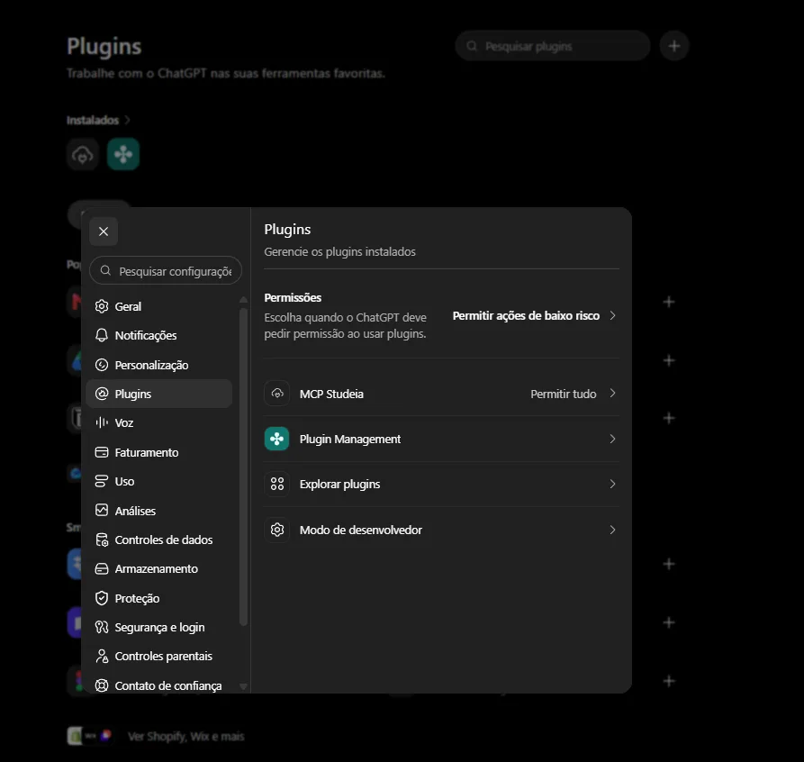 ChatGPT settings Plugins panel, with Permissions, MCP Studeia, Explore plugins, and Developer Mode items