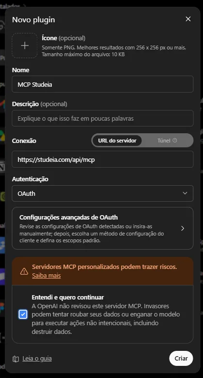 New plugin form filled with the name MCP Studeia, the MCP server URL, OAuth authentication, and the I understand and want to continue box checked