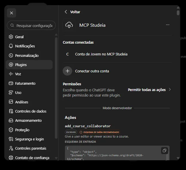 MCP Studeia plugin page in ChatGPT with the account listed under Connected accounts, the Permissions block, and the Actions list showing the add_course_collaborator tool