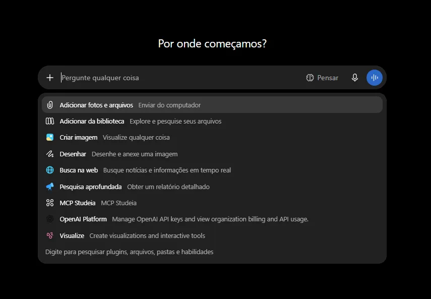 ChatGPT message box + menu listing MCP Studeia alongside Web search and Deep research