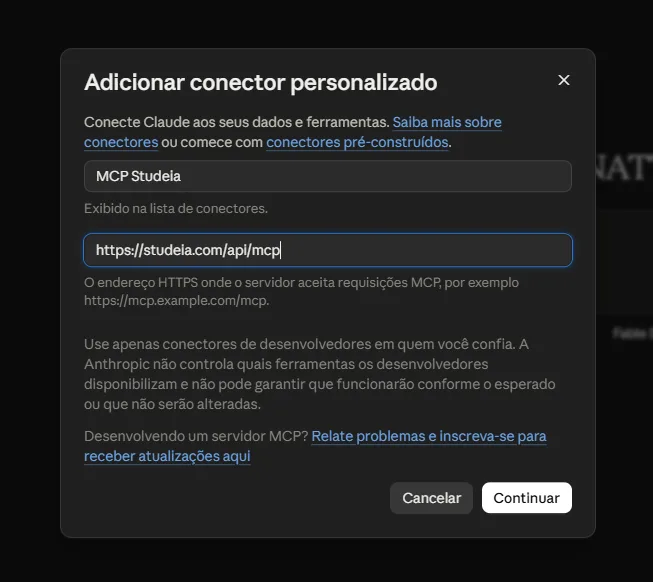 Diálogo Adicionar conector personalizado do Claude com o nome MCP Studeia e a URL do servidor MCP preenchidos